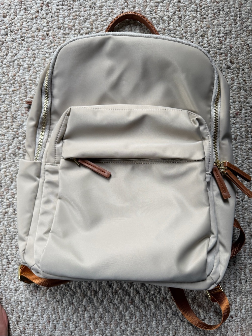 Neutral Beige Nylon Backpack with Leather Trim